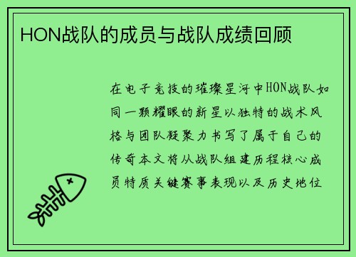 HON战队的成员与战队成绩回顾