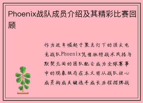 Phoenix战队成员介绍及其精彩比赛回顾
